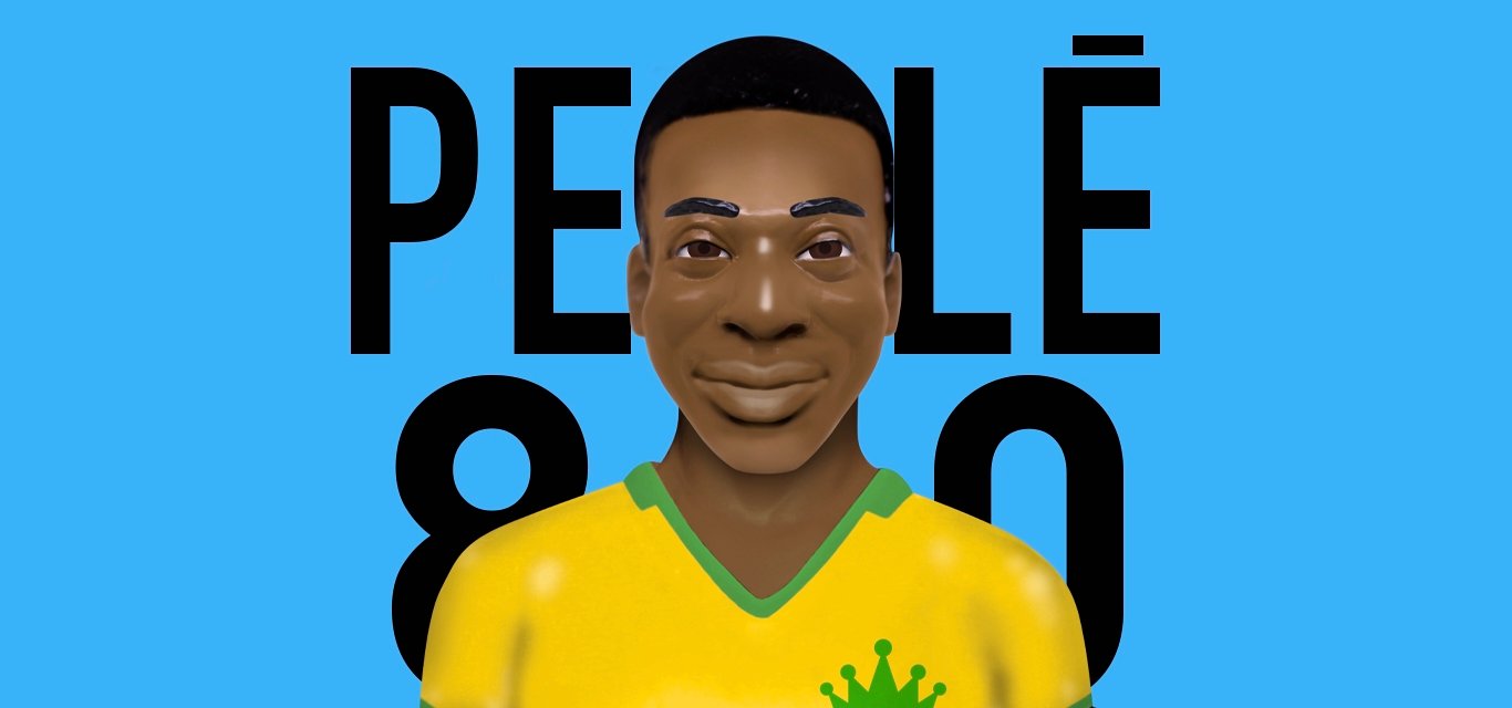 Pelé ilustrado como um jogador de pebolim, vestindo a camisa da Seleção Brasileira, sobre fundo azul claro e a frase Pelé 80.
