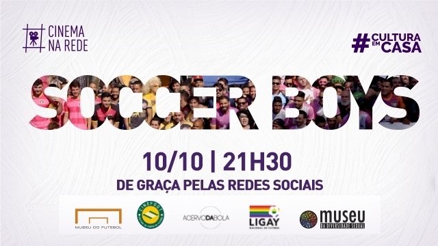 Ilustração com os dizeres: Soccer Boys, 10/10, 21h30 - De graça pelas redes sociais