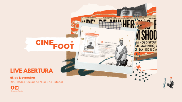 Ilustração com os dizeres: Cinefoot Mulheres. Live abertura. 5 de novembro. 19h - Redes sociais do Museu do Futebol