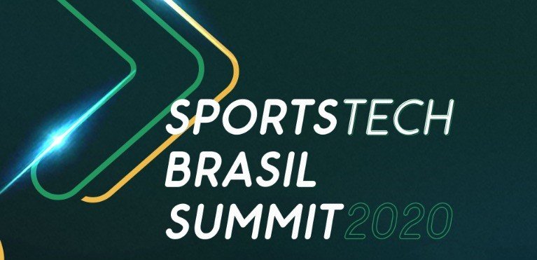 Ilustração em cor verde escuro com duas setas em verde e amarelo neon, com os dizeres Sportstech Brasil Summit 2020