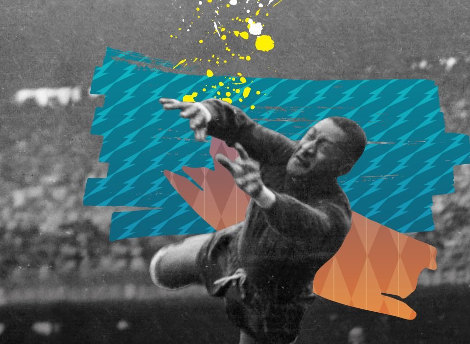 Sobre foto em preto e branco de Barbosa saltando para agarrar uma bola, há um grafismo em azul e laranja.