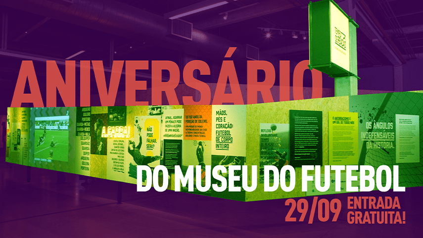 Ilustração com fundo roxo com os dizeres Aniversário do Museu do Futebol, 29/9, entrada gratuita!