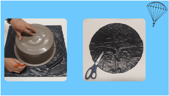 Uma foto mostra uma bacia sobre o saco plástico e uma mão riscando o saco no formato redondo. Na segunda imagem, o plástico cortado redondo e uma tesoura.
