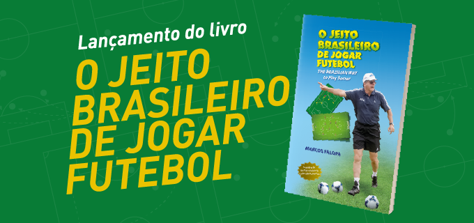 Ilustração em fundo verde com a capa do livro e os dizeres Lançamento do livro O jeito brasileiro de jogar futebol