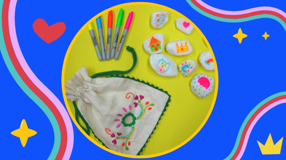 Imagem com pedras, canetas coloirdas e um saquinho