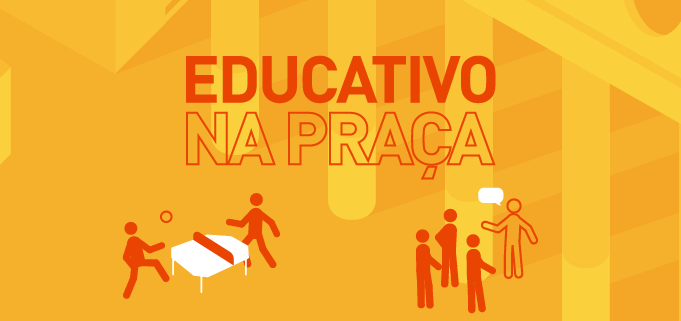 Ilustração com fundo amarelo que mostra imagens de bonecos jogando futmesa e aprendendo com educador