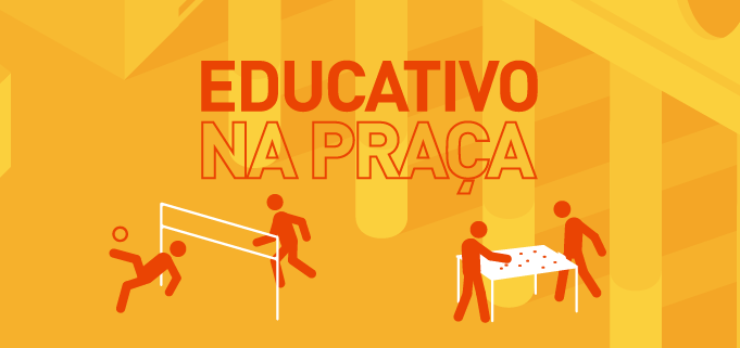 Ilustração com fundo amarelo que mostra imagens de bonecos jogando futevolei e futebol de tampinha