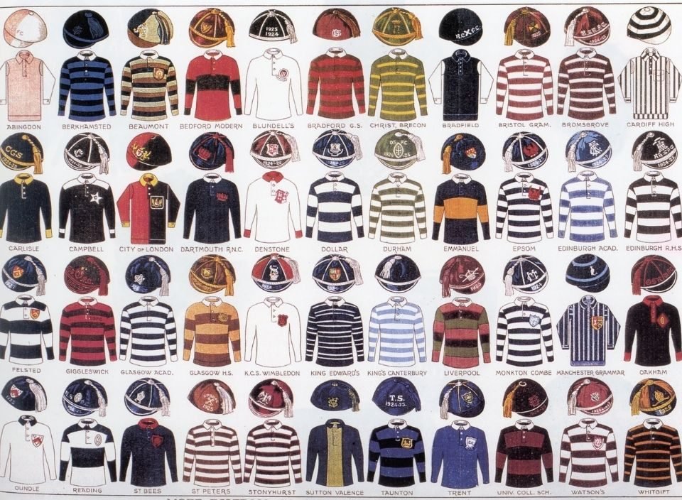 Foto com diversas imagens de camisas e uniformes de futebol coloridos