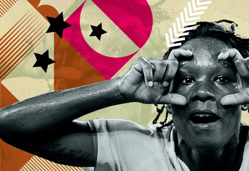 Arte com fundo colorido com imagem em preto e branco da jogadora Formiga