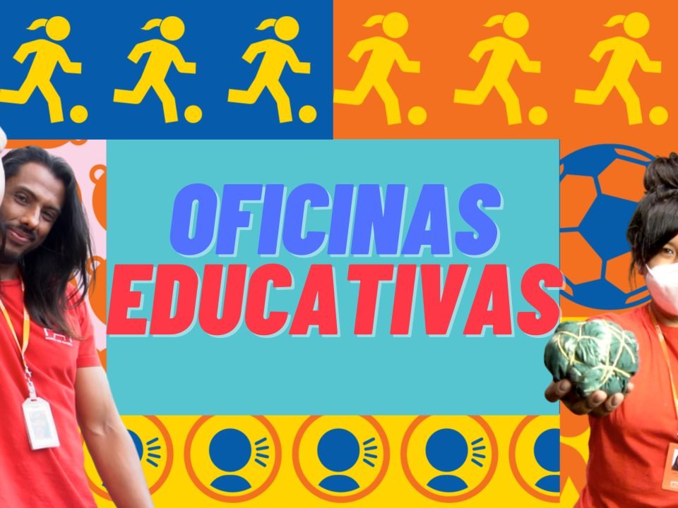 Ilustração com fundo bem colorido, em que aparecem um educador e uma educadora do Museu do Futebol. Entre eles, está escrita a frase Oficinas Educativas