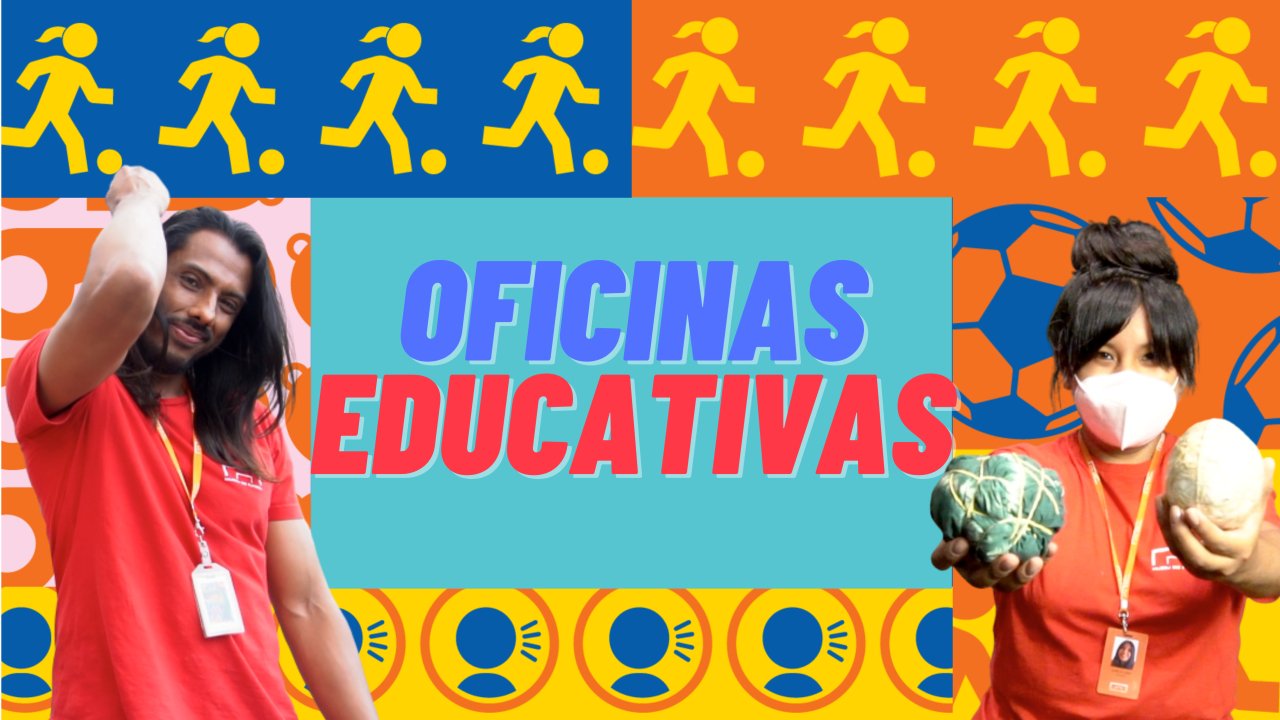 Ilustração com fundo bem colorido, em que aparecem um educador e uma educadora do Museu do Futebol. Entre eles, está escrita a frase Oficinas Educativas
