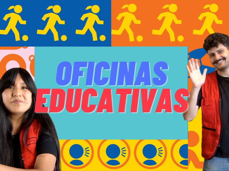 Ilustração com fundo bem colorido, em que aparecem um educador e uma educadora do Museu do Futebol. Entre eles, está escrita a frase Oficinas Educativas