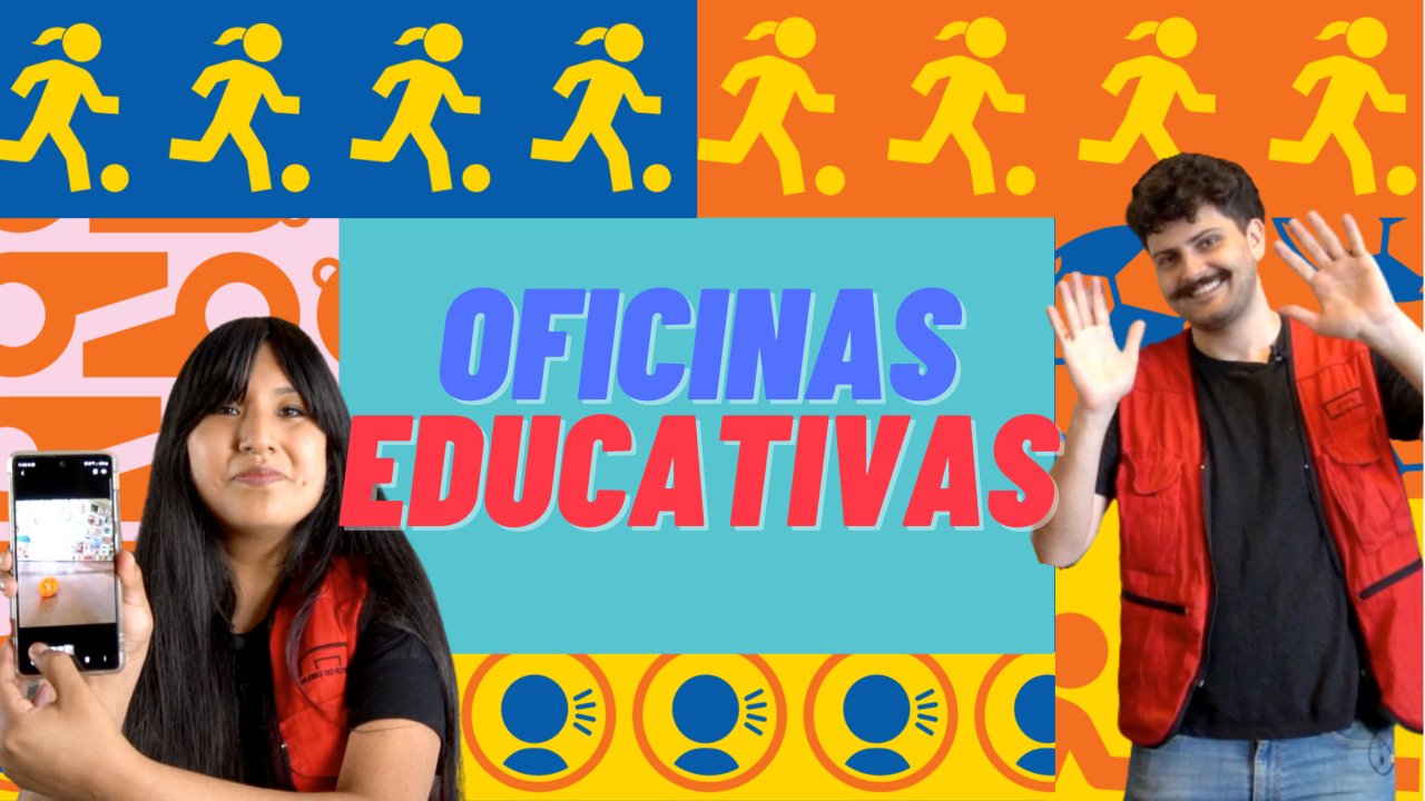 Ilustração com fundo bem colorido, em que aparecem um educador e uma educadora do Museu do Futebol. Entre eles, está escrita a frase Oficinas Educativas