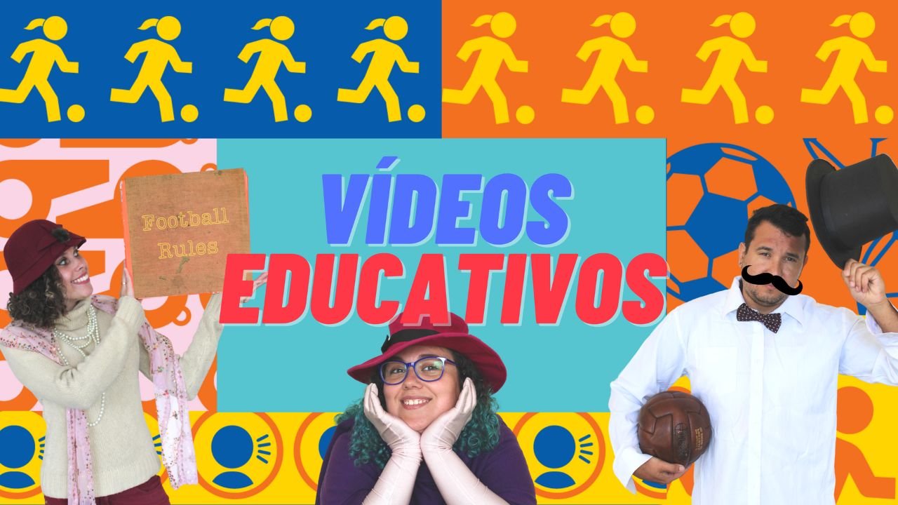 fundo bem colorido com três educadores do Museu do Futebol com os dizeres vídeos educativos
