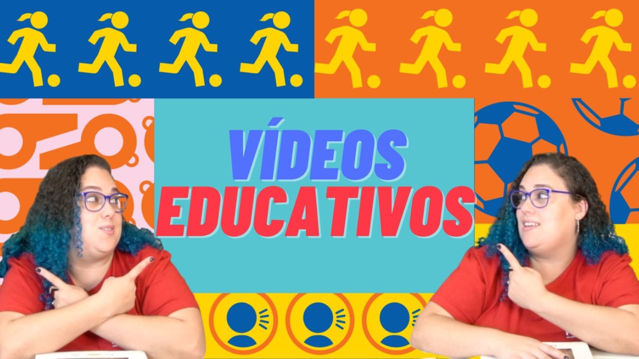 fundo colorido com educadora do Museu do Futebol e dizeres vídeos educativos