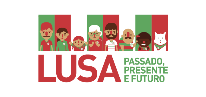 ilustração em vermelho, verde e branco escrito Lusa passado, presente e futuro