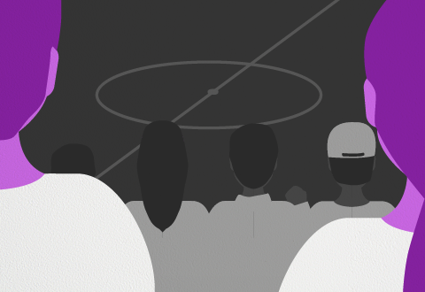 Stephanie_Calazans Ilustração retrata a visão de um campo de futebol a partir da torcida em uma arquibancada