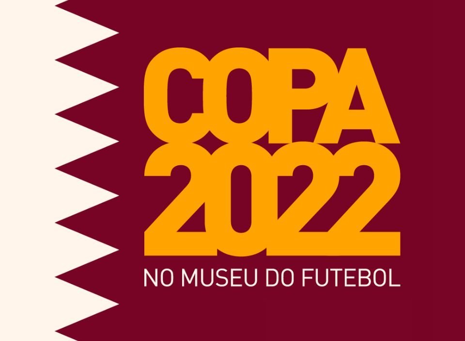 arte com simbolo do Catar, escrito Copa 2022 no Museu do Futebol