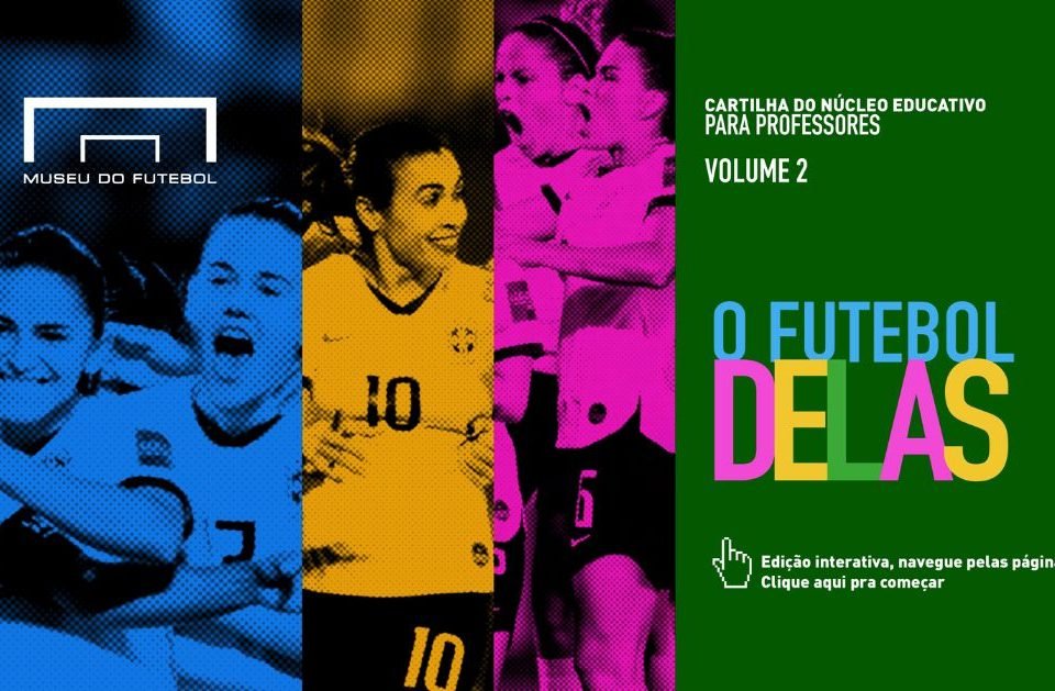 Arte com fundo verde, azul, amarelo e rosa, com imagens de jogadoras de futebol