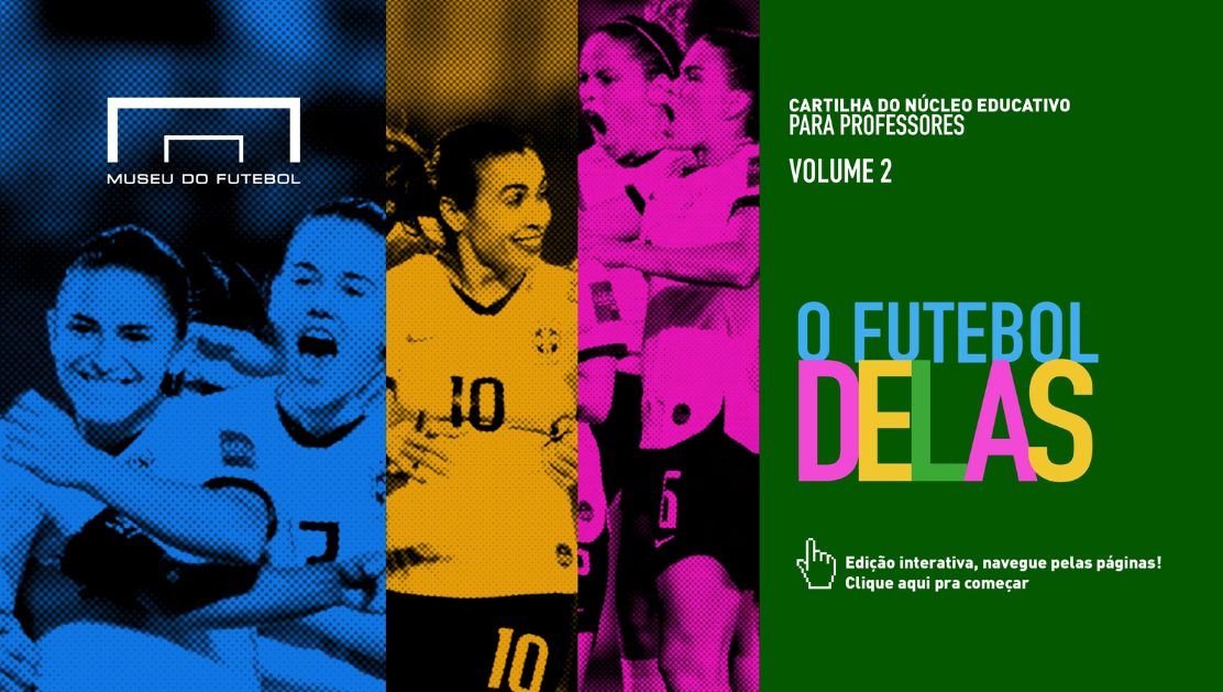 Arte com fundo verde, azul, amarelo e rosa, com imagens de jogadoras de futebol