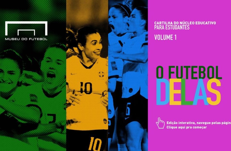 Arte com fundo verde, azul, amarelo e rosa, com imagens de jogadoras de futebol