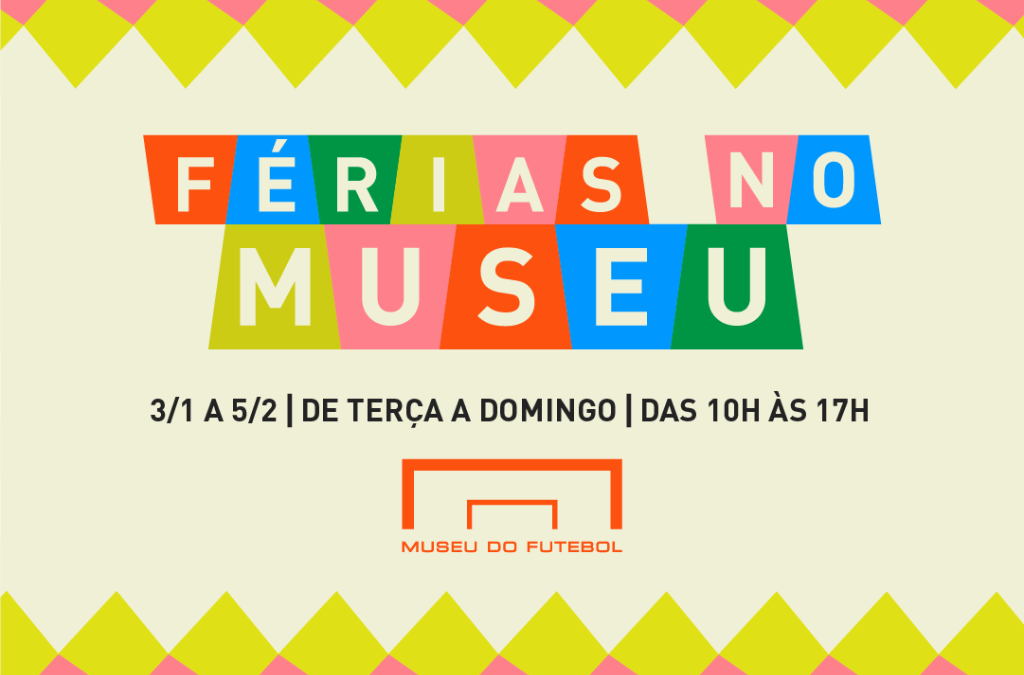 Arte com fundo bege, amarelo e rosa, com o texto Férias no Museu