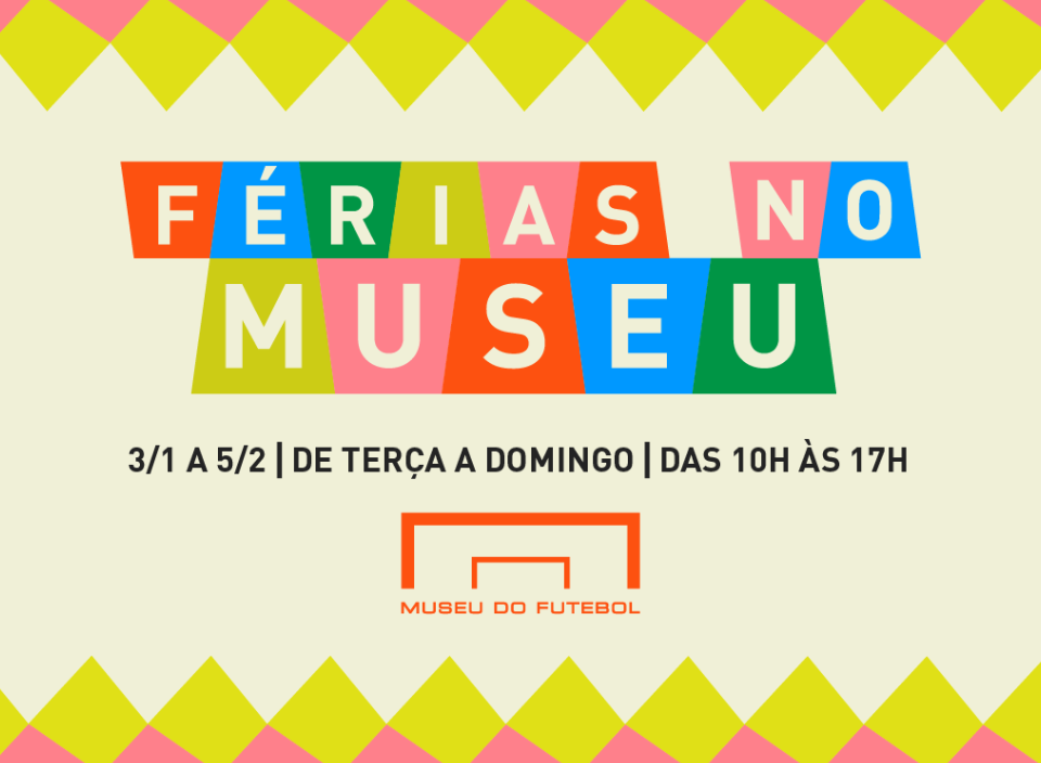 Arte com fundo bege, amarelo e rosa, com o texto Férias no Museu