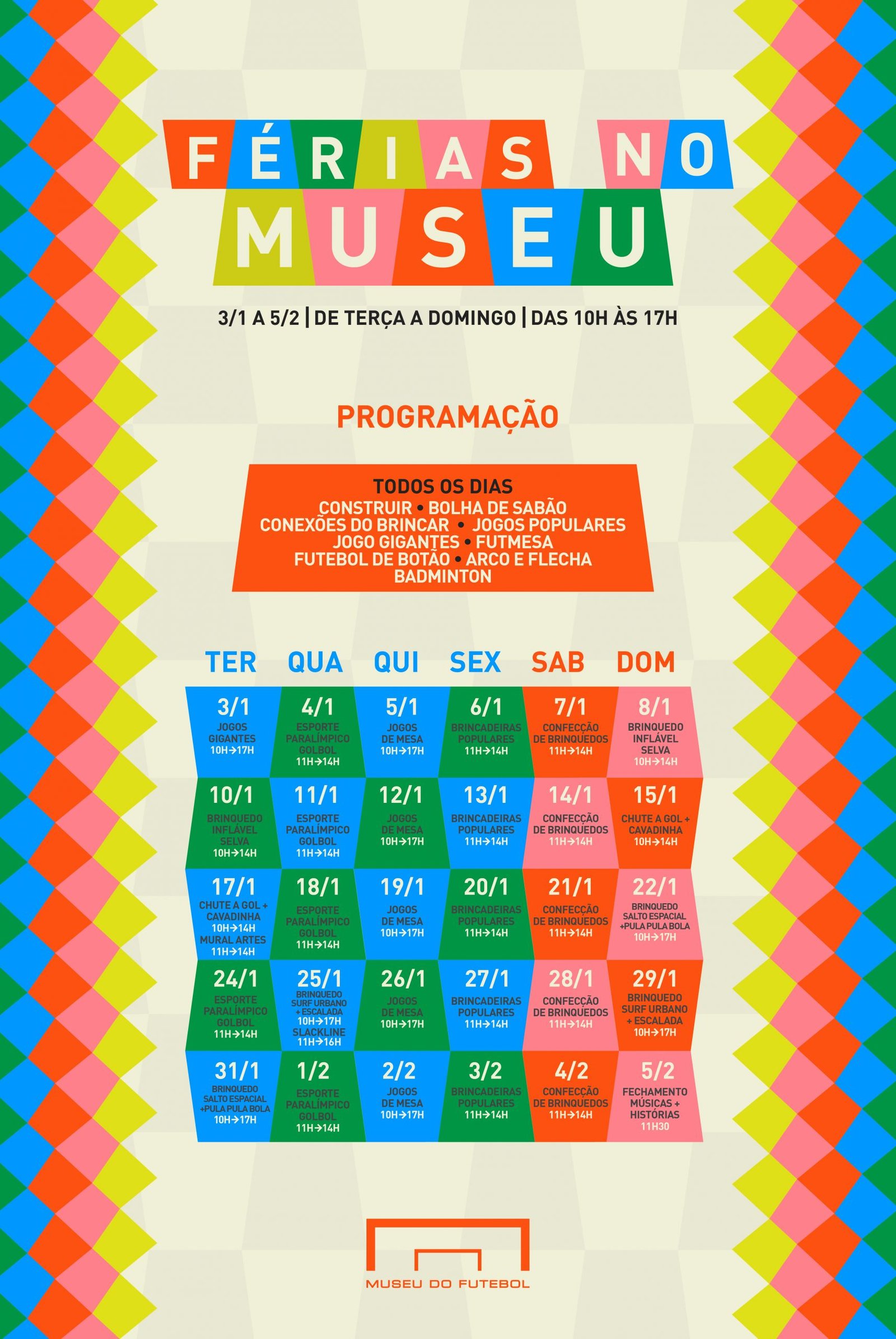 Calendário com fundo bege e colorido, com informações sobre o projeto Férias no Museu