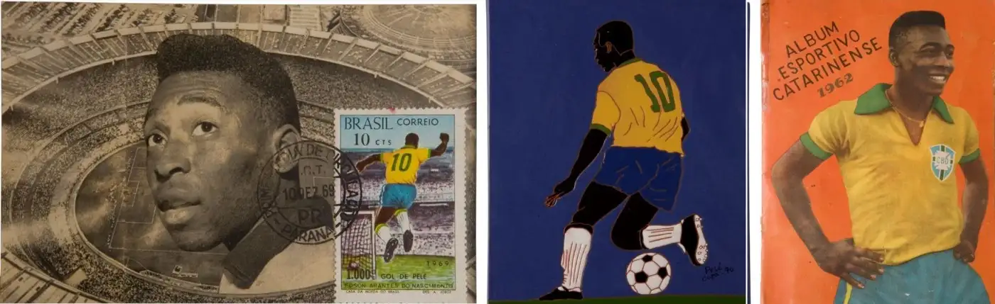 Pelé_Grande Área Three images of items from the Big Area Room: a postcard with a photo of Pelé and the Maracanã in the background and a stamp with him jumping in celebration of a goal; a colorful painting of Pelé with the ball, wearing the shirt of the Brazilian Team; a Catarinense sports album, with a photo of Pelé on the cover.