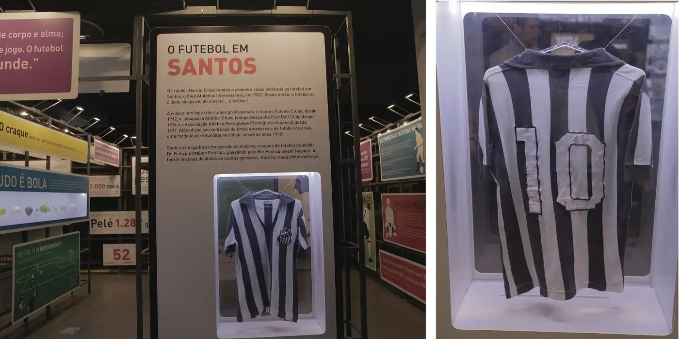 Pelé_Naárea Two images show a view of the exhibition, highlighting the "Football in Santos" display case, and in the other the detail of a Santos number 10 shirt, striped in black and white