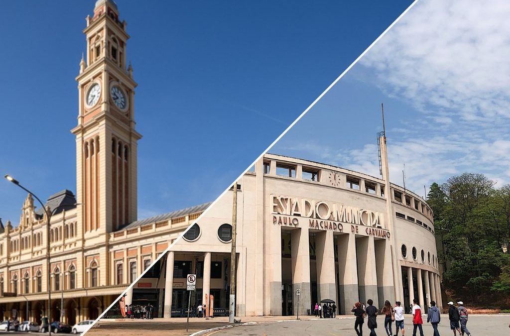 Imagem dividida em duas, com fotos do Museu da Língua Portuguesa e do Museu do Futebol
