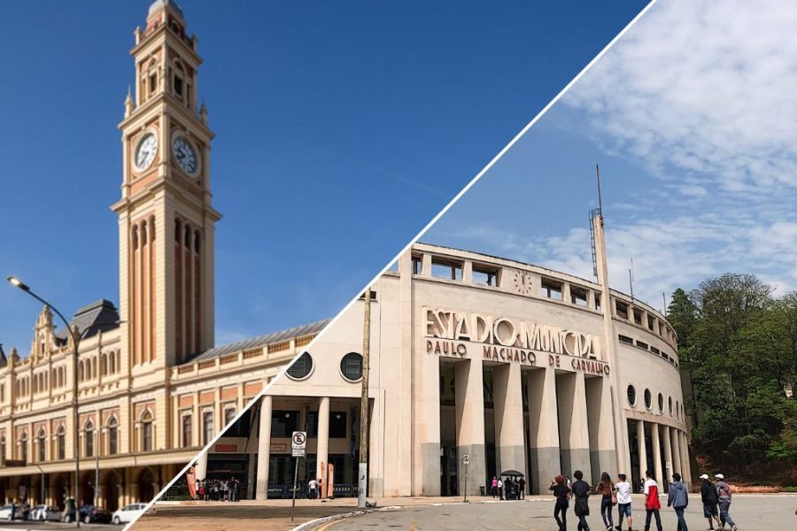 Design sem nome (4) Imagem dividida em duas, com fotos do Museu da Língua Portuguesa e do Museu do Futebol