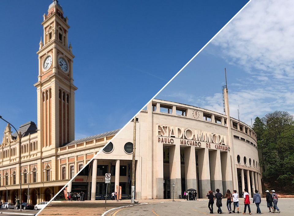 Imagem dividida em duas, com fotos do Museu da Língua Portuguesa e do Museu do Futebol