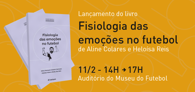 Arte com fundo amarelo, capa de livro e texto em preto e branco, dizendo: Lançamento do livro Fisiologia das Emoções