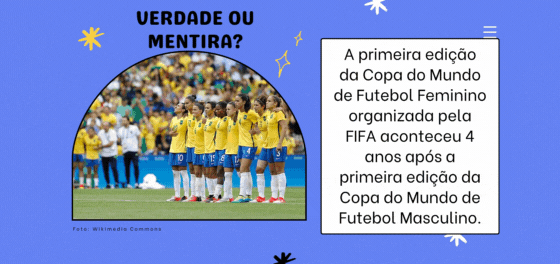 Arte com fundo azul e pergunta e resposta sobre a primeira Copa do Mundo feminina