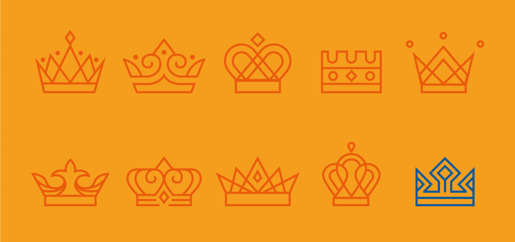 Arte em fundo amarelo mostrando vários desenhos de coroas vermelhas e uma coroa azul