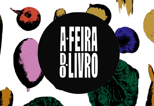 Ilustração com desenhos de frutas e verduras e no centro o logotipo da Feira do Livro
