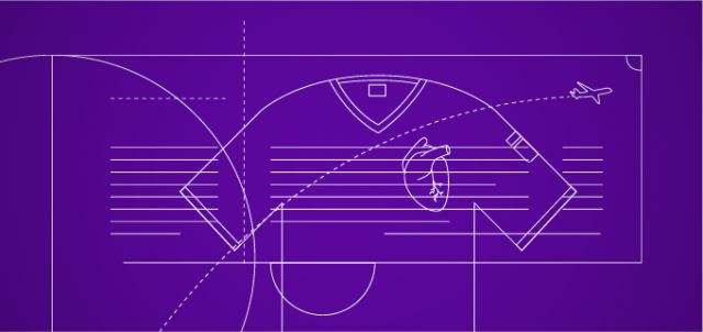 Ilustração roxa com desenho em traços brancos e finos, mostra uma camisa de futebol, com um coração do lado esquerdo. No fundo um avião decola.