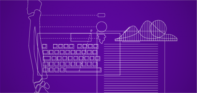Ilustração roxa com desenho em traços brancos finos, mostrando um osso humano, um teclado e uma montanha russa.