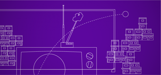 Ilustração roxa com desenhos em traço branco bem fino, mostrando uma TV com palha de aço na antena, uma bola sendo chutada no ângulo e um morro ocupado por casebres.