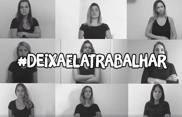 Manifesto #Deixaelatrabalhar_ Imagem em preto e branco com compilado de fotos de jornalistas mulheres. Elas vestem preto e estão sérias. Sobre a imagem a frase #DixaElaTrabalhar