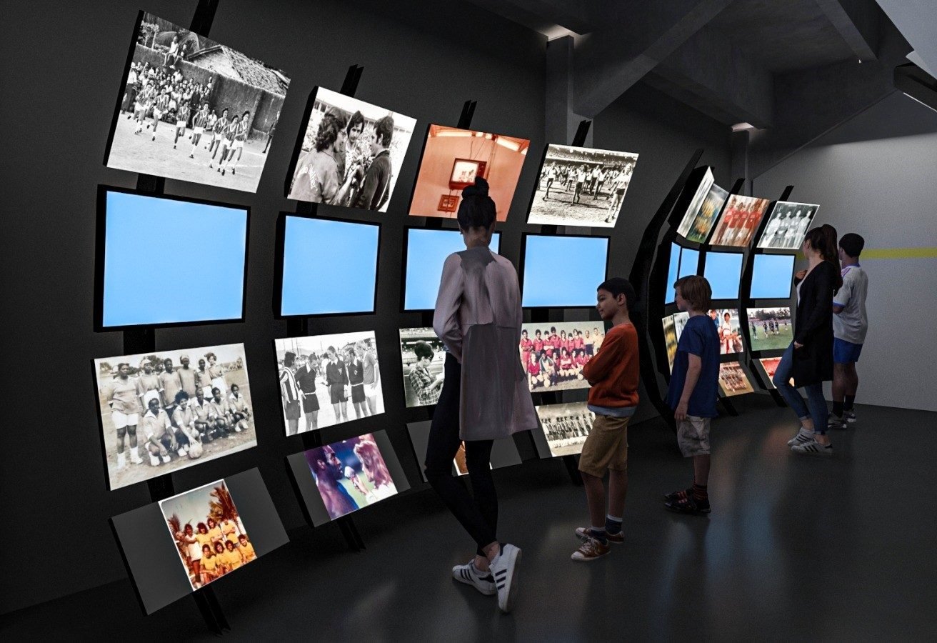 Maquete 3D mostra nova instalação na Sala das Copas do Mundo sobre história do futebol de mulheres no Brasil.