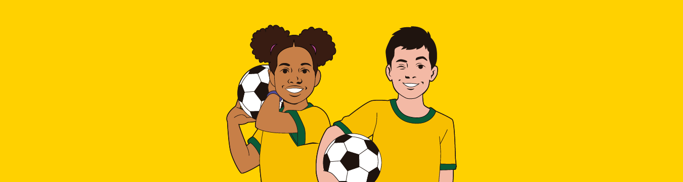 Desenho de duas crianças segurando uma bola: um menino e uma menina vestem camisa amarela.