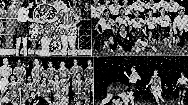 quatro fotos em preto e branco de times femininos de futebol