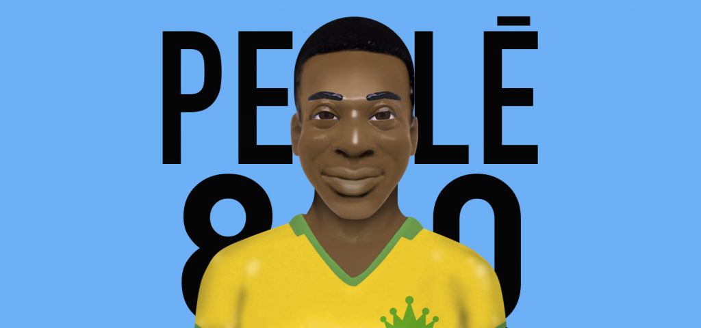 Pelé ilustrado como um jogador de pebolim, vestindo a camisa da Seleção Brasileira, sobre fundo azul claro e a frase Pelé 80.