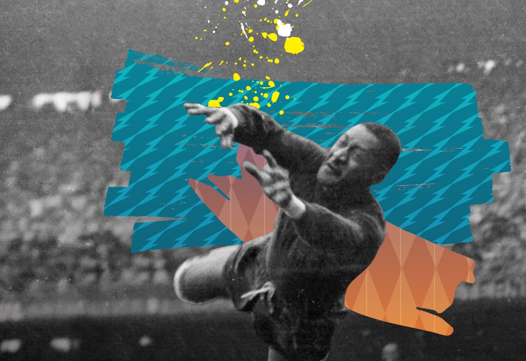 Sobre foto em preto e branco de Barbosa saltando para agarrar uma bola, há um grafismo em azul e laranja.