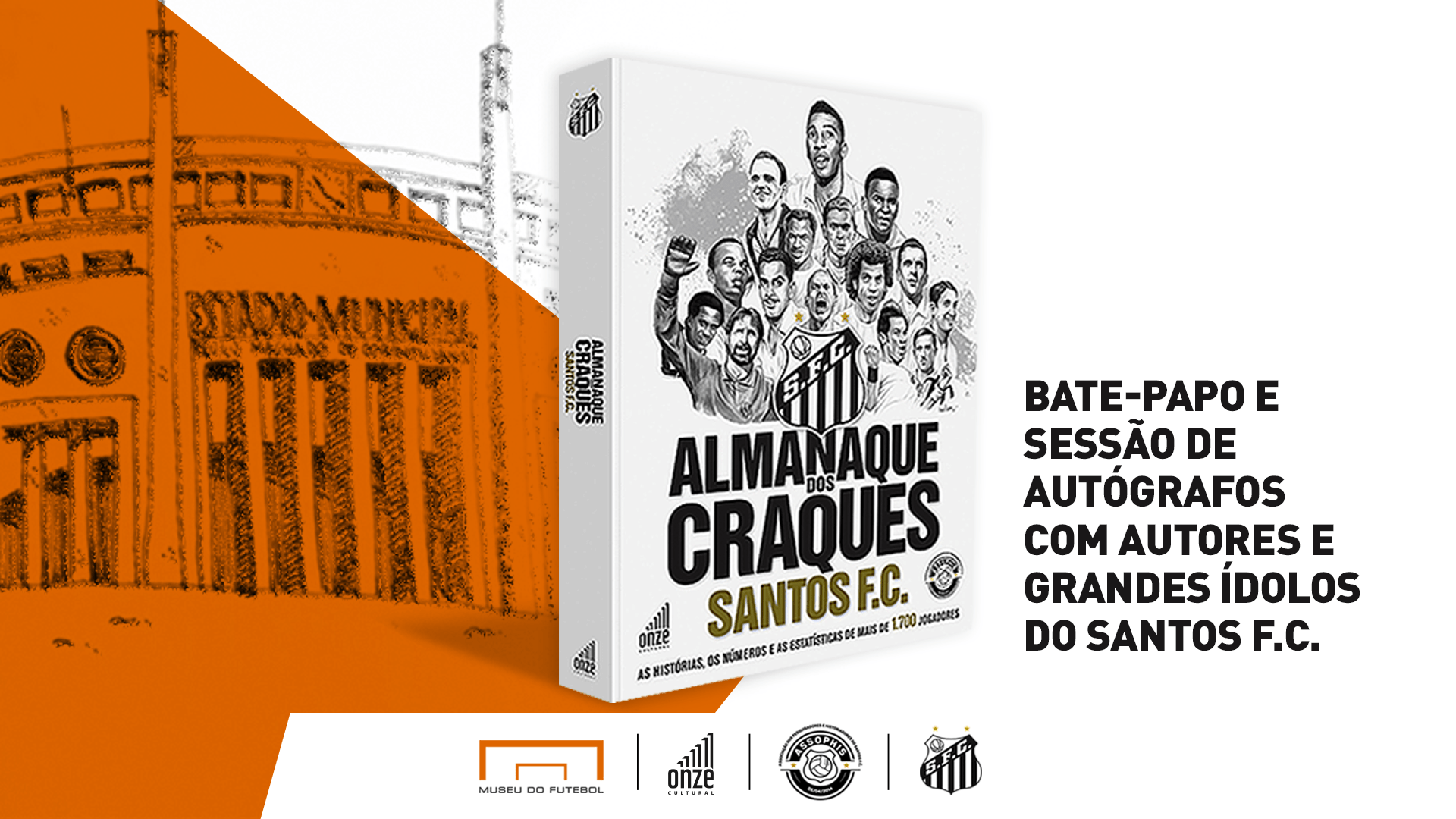 Ilustração com desenho do estádio do Pacaembu e a foto do livro Almanaque dos Craques Santos FC, que é branca e tem desenhos de jogadores e o escudo do clube.