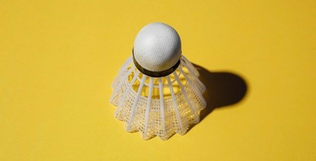 Uma peteca branca sobre fundo amarelo. É uma bola pequena, com uma espécie de "coroa" feita de plástico em um dos seus lados.