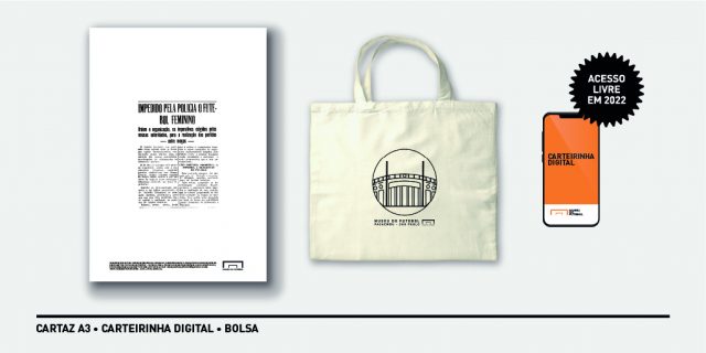 Ilustração de um cartaz com uma manchete de jornal, uma bolsa de pano com uma ilustração do estádio do Pacaembu e um celular onde se lê "Carteirinha digital"