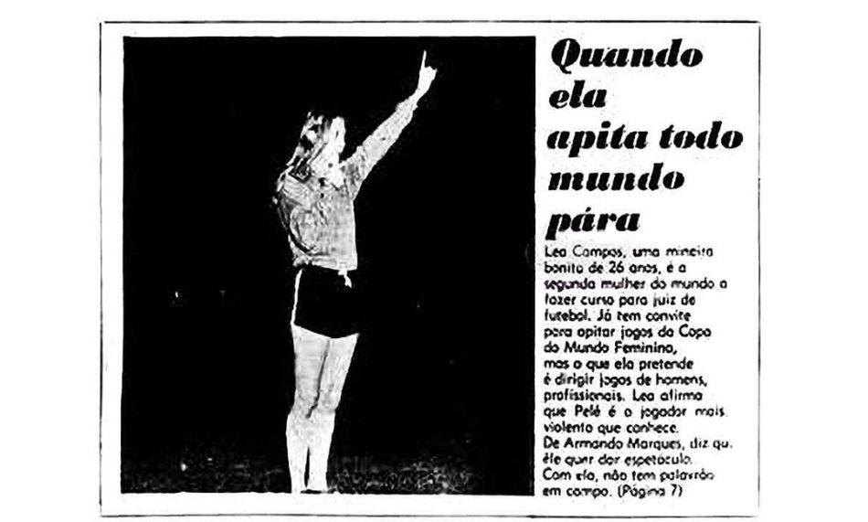 Página de jornal em preto e branco com a foto de Lea Campos